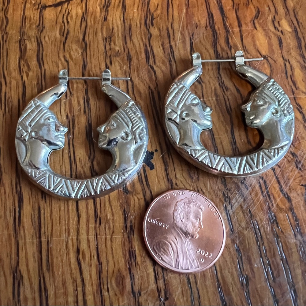 Striking Silvertone Hoops with Two Egyptian or African Heads